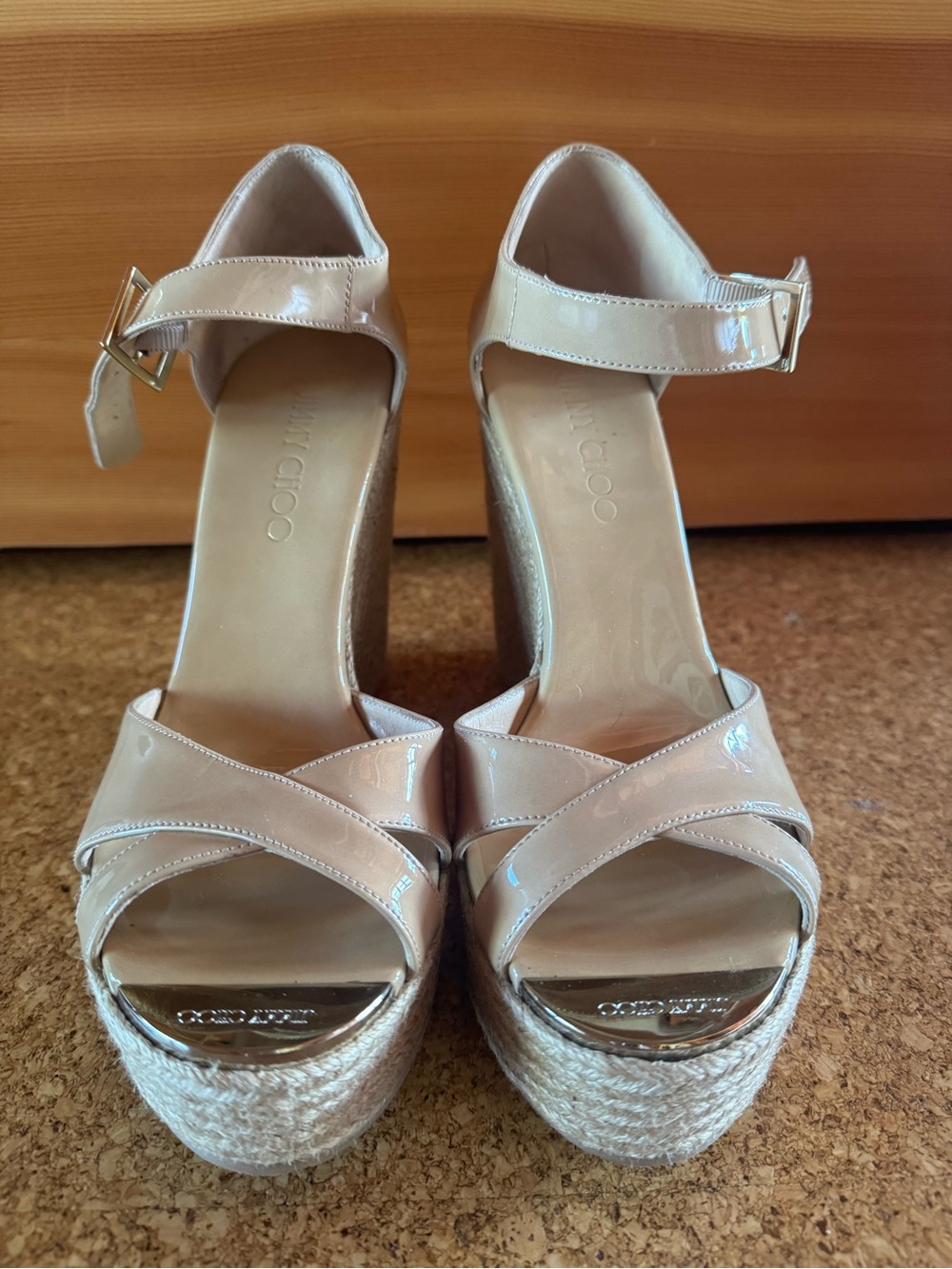 Jimmy Choo Beige Patent Espadrille Wedge Sandals